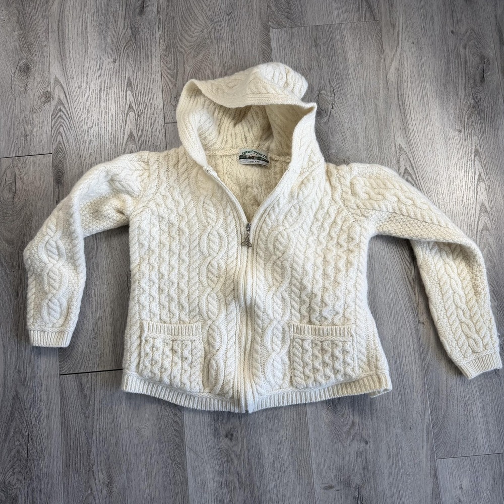 Aran Crafts Sweater Kids XL White Wool Hooded Cable Knit Full Zip Ireland Beach